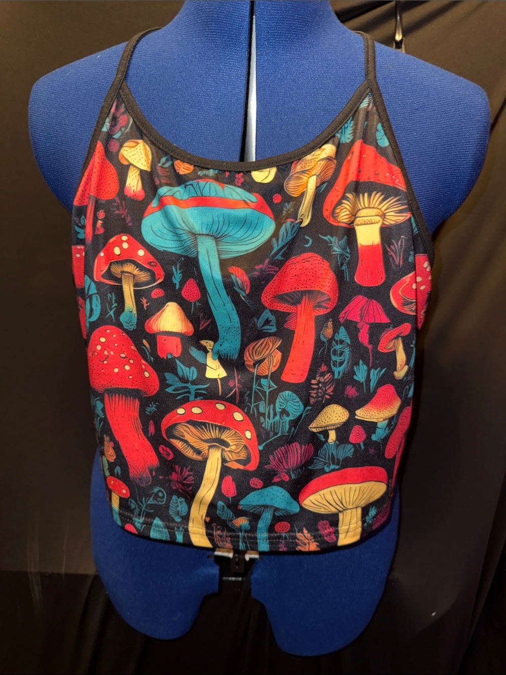 Graphic Mushroom Crop Camisole - Black with Red & Teal